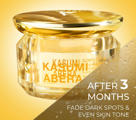 Kasumi Abera skincare product jar with gold lid on a gradient yellow and brown background