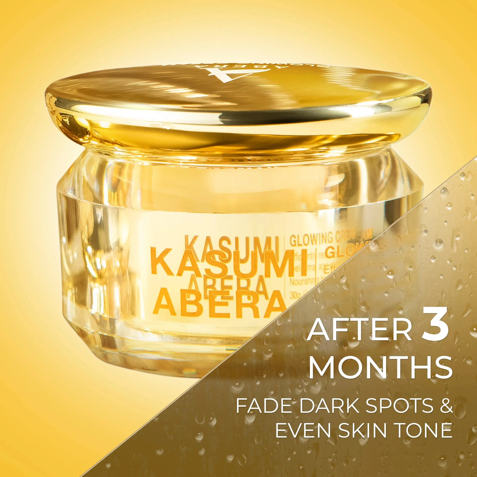 Kasumi Abera skincare product jar with gold lid on a gradient yellow and brown background