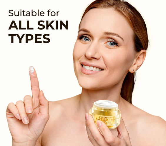 Woman holding a jar of skincare product with text 'Suitable for all skin types' on a white background