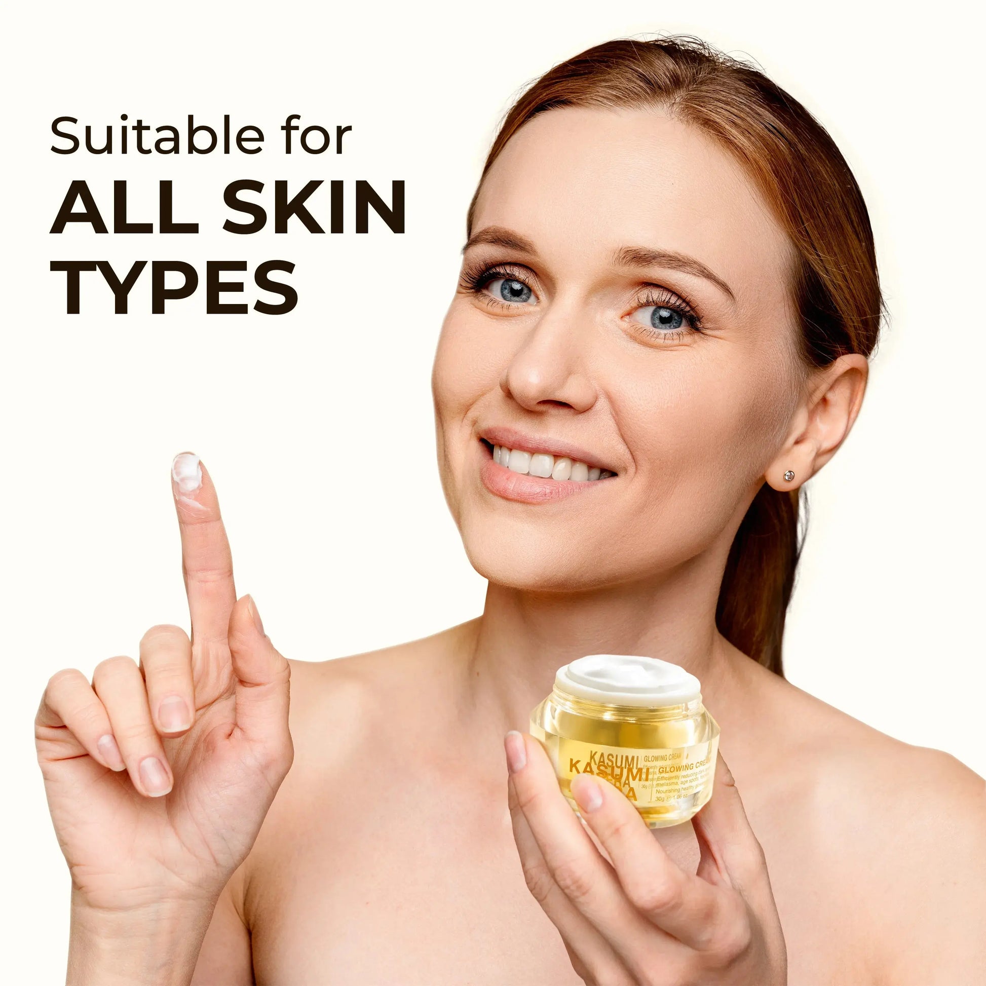 Woman holding a jar of skincare product with text 'Suitable for all skin types' on a white background