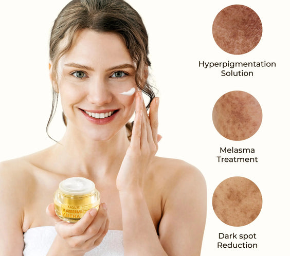 Woman applying cream to her face with skin condition illustrations on a white background