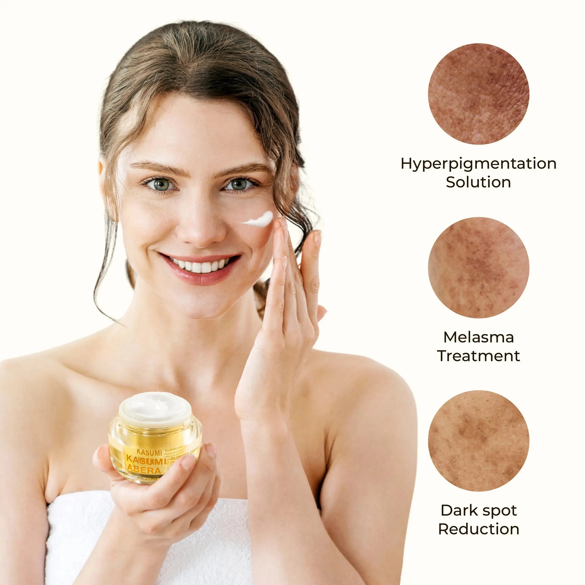 Woman applying cream to her face with skin condition illustrations on a white background