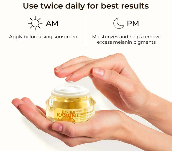 Hands holding a jar of skincare cream with usage instructions on a white background