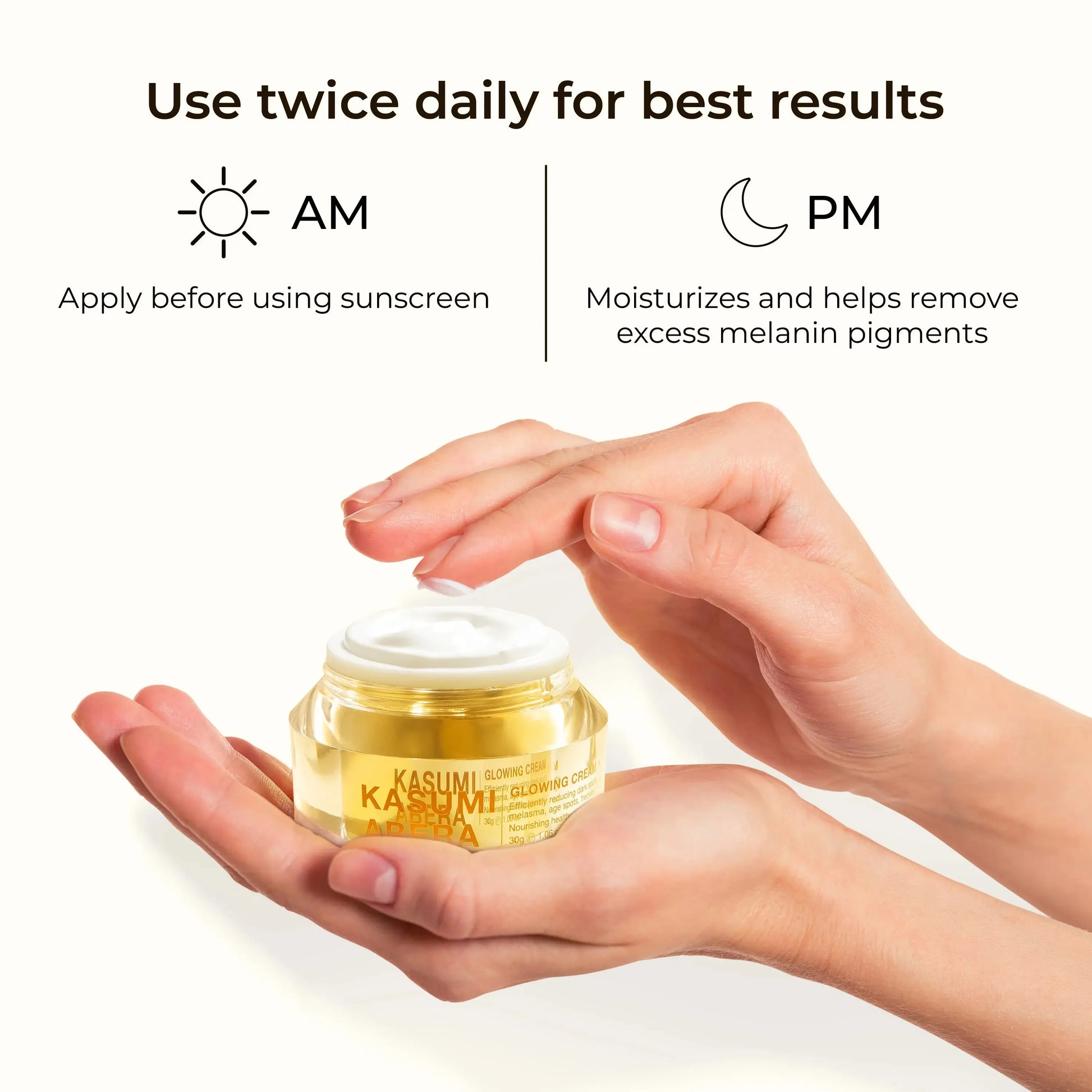 Hands holding a jar of skincare cream with usage instructions on a white background